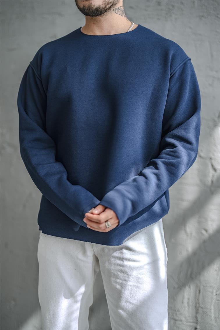 Şardonlu Lazer Kesim Oversize Sweatshirt İndigo