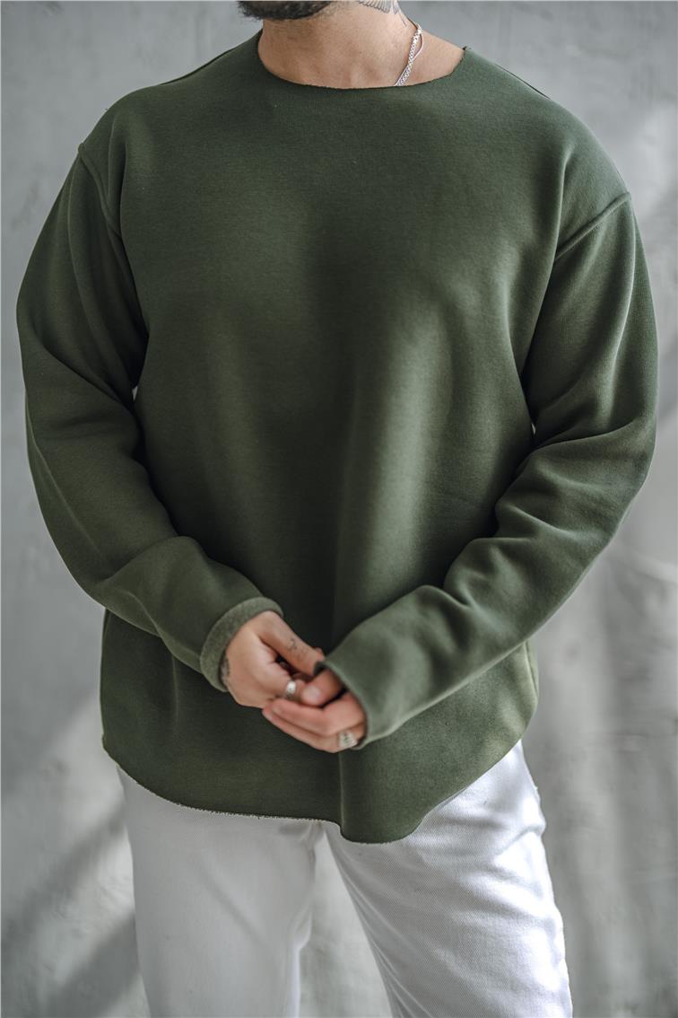 Şardonlu Lazer Kesim Oversize Sweatshirt Haki