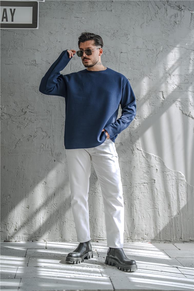 Şardonlu Lazer Kesim Oversize Sweatshirt İndigo