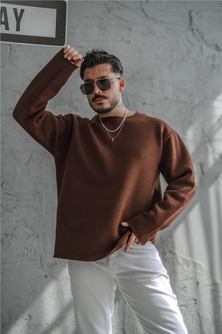 Şardonlu Lazer Kesim Oversize Sweatshirt Kahve