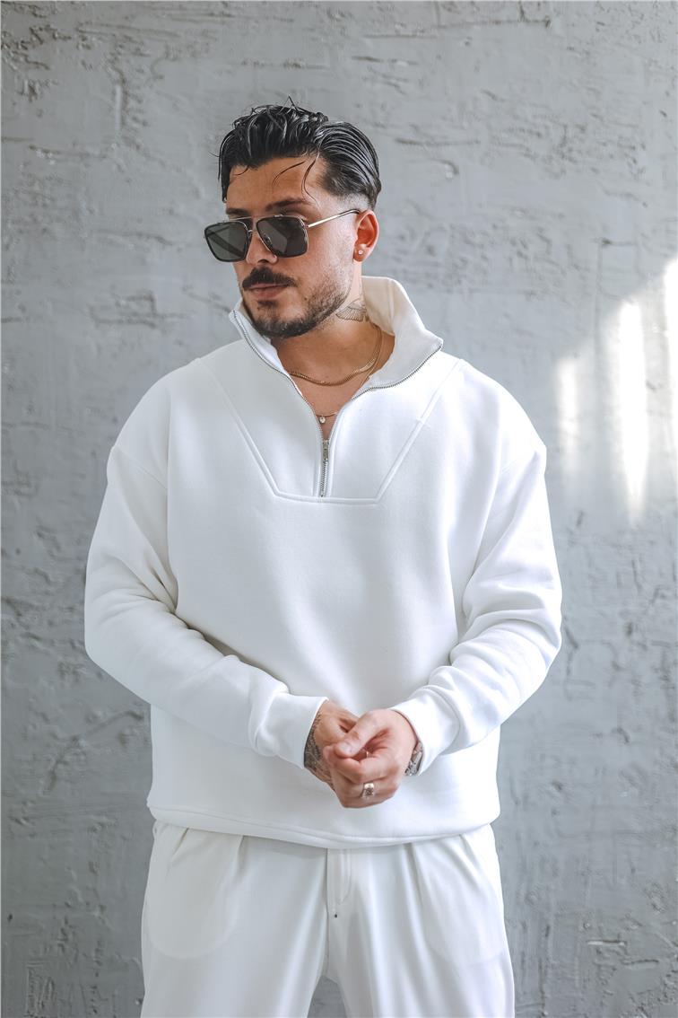 Şardonlu Yarım Fermuarlı Oversize Sweatshirt Beyaz