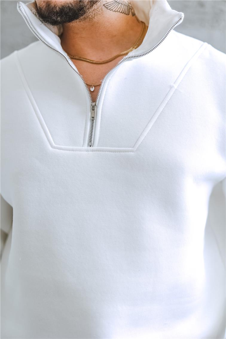 Şardonlu Yarım Fermuarlı Oversize Sweatshirt Beyaz