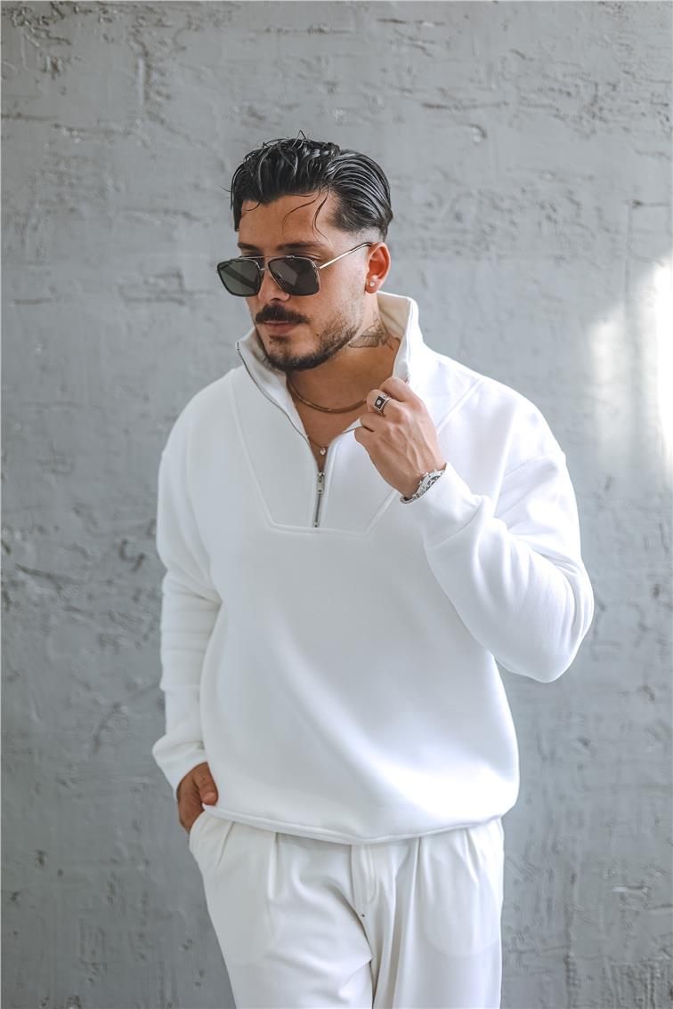 Şardonlu Yarım Fermuarlı Oversize Sweatshirt Beyaz