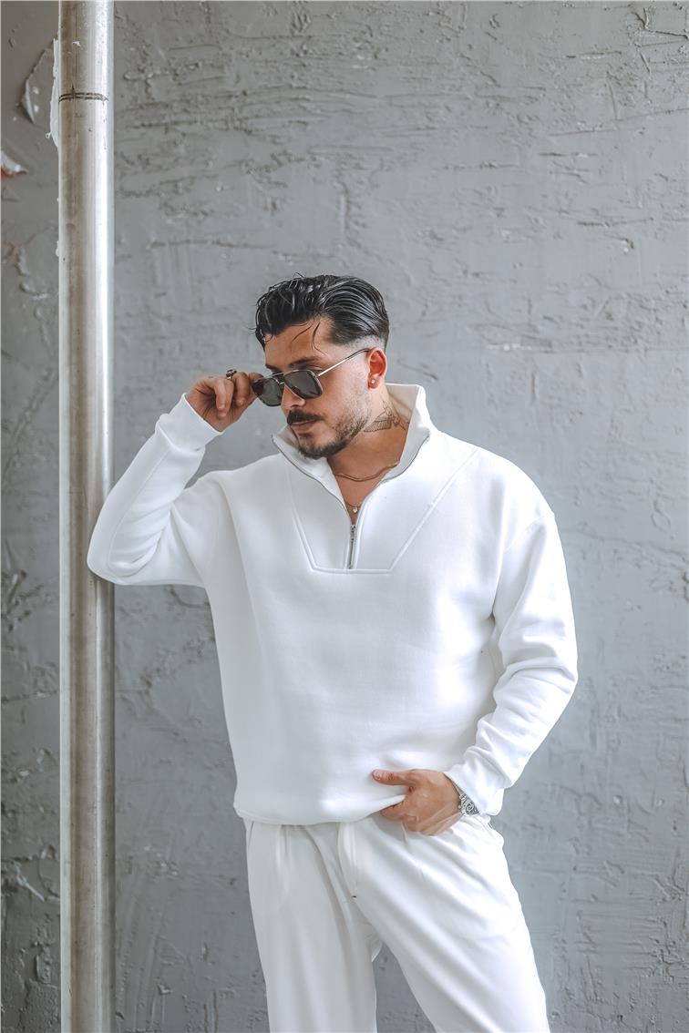 Şardonlu Yarım Fermuarlı Oversize Sweatshirt Beyaz