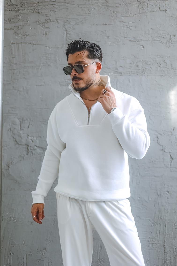 Şardonlu Yarım Fermuarlı Oversize Sweatshirt Beyaz