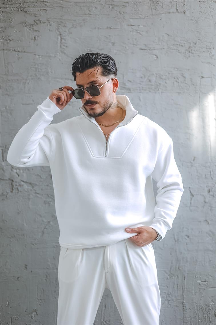 Şardonlu Yarım Fermuarlı Oversize Sweatshirt Beyaz
