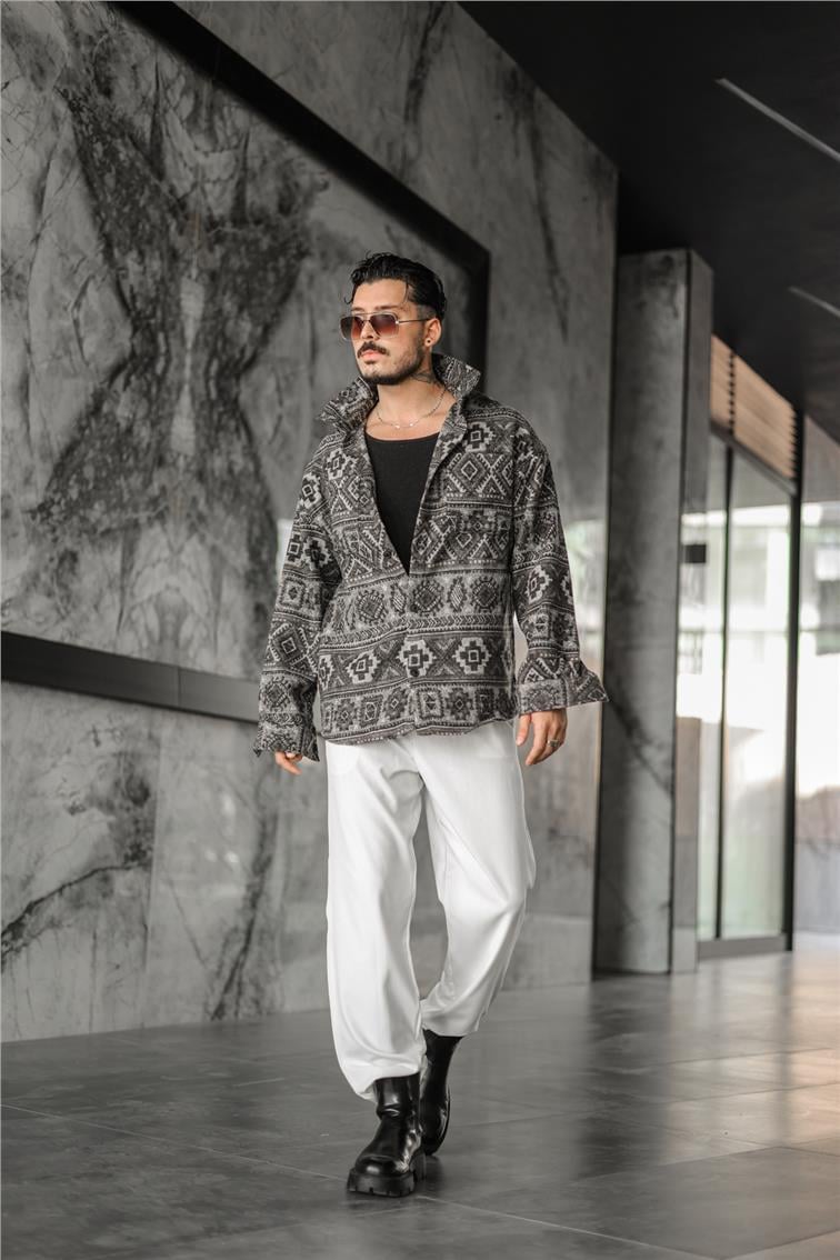 Sembol Desenli Oversize Oduncu Gömlek Kahve
