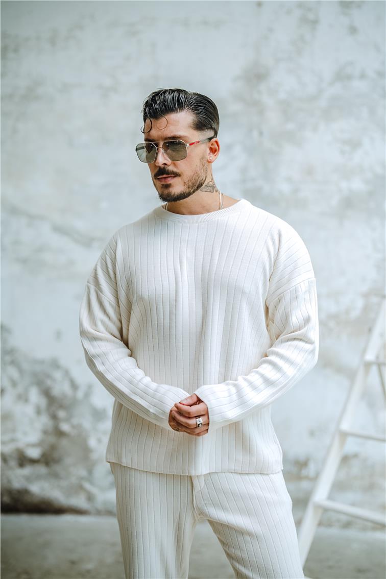 Şerit Dokulu Oversize Kazak Açık Krem