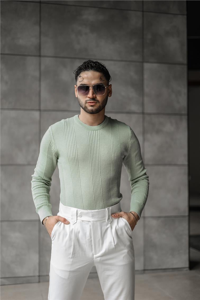 Şerit İşlemeli Triko Slim Fit Kazak Mint