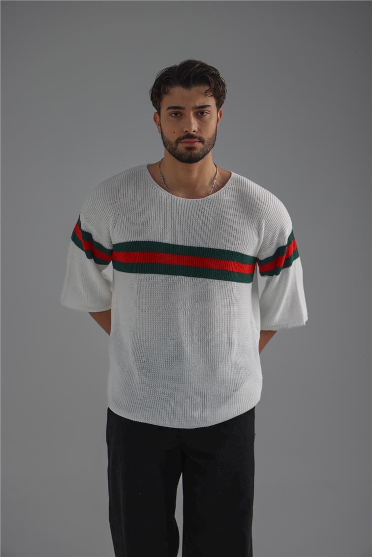 Şerit Renkli Örme Fakir Kol T-Shirt Beyaz