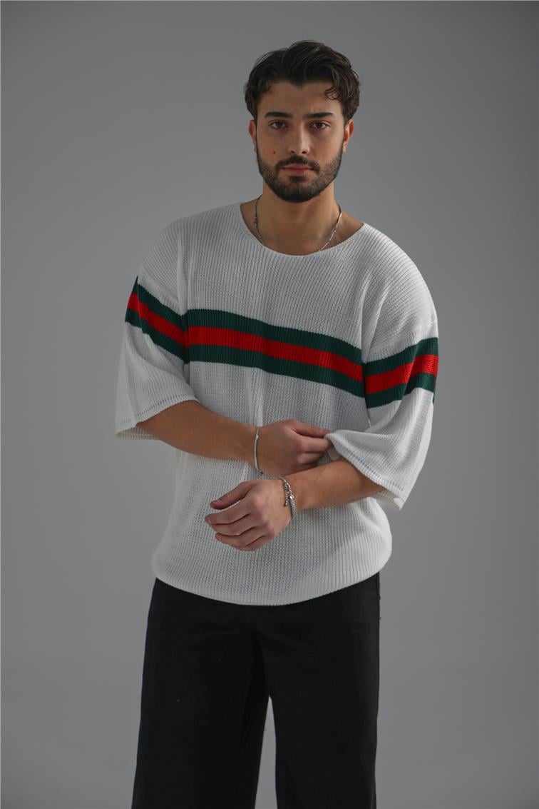 Şerit Renkli Örme Fakir Kol T-Shirt Beyaz