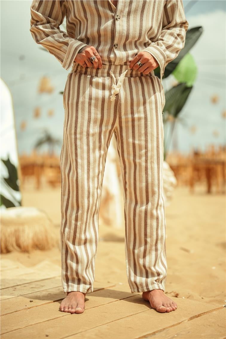 Şeritli Keten Baggy Pantolon Kahve