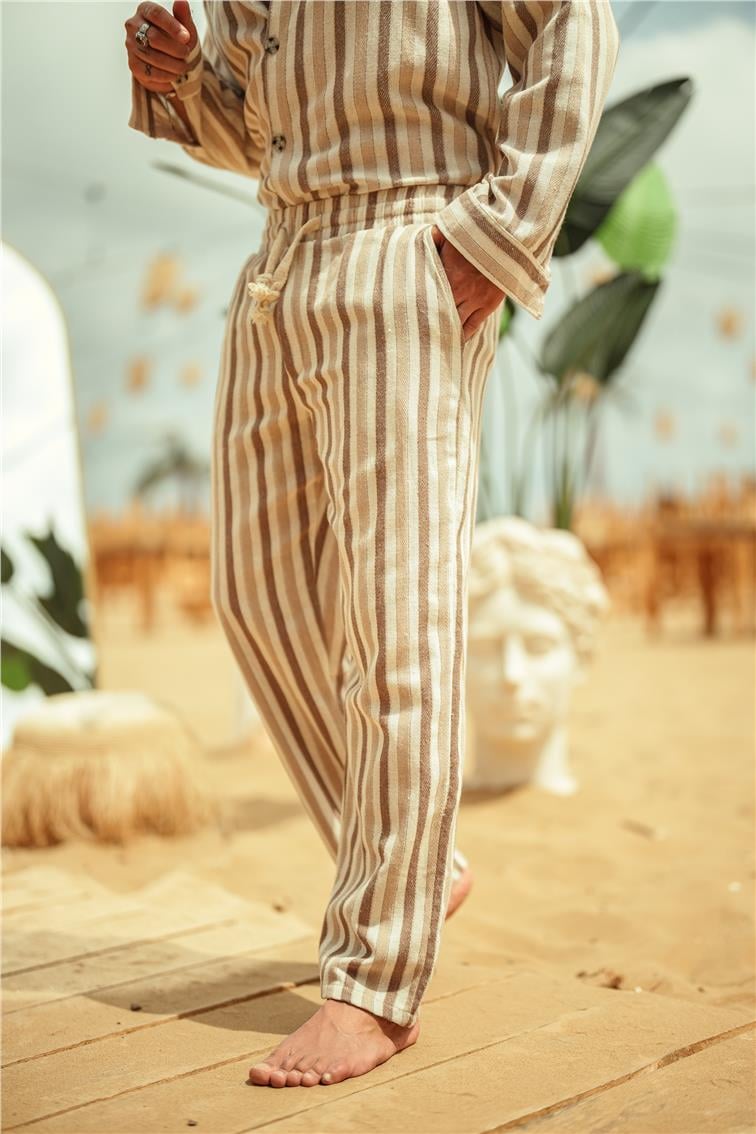 Şeritli Keten Baggy Pantolon Kahve