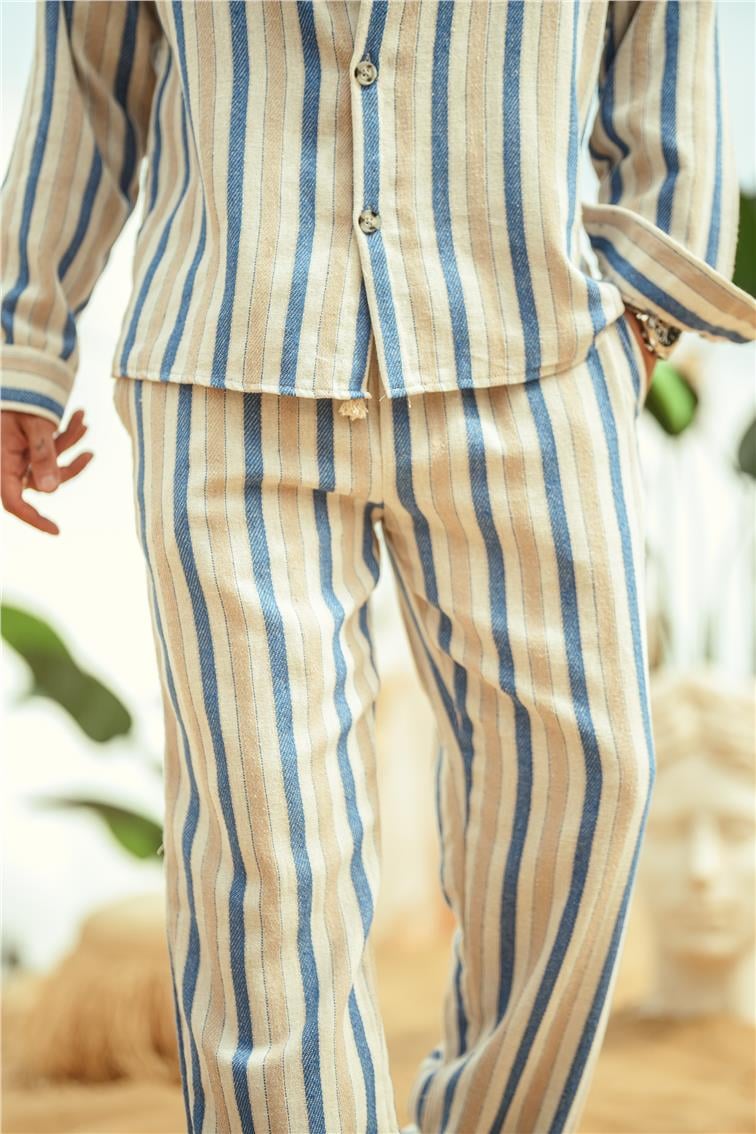 Şeritli Keten Baggy Pantolon Mavi