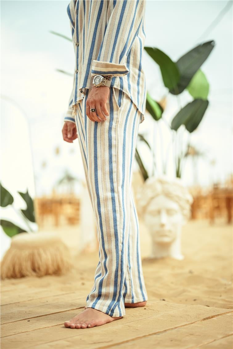 Şeritli Keten Baggy Pantolon Mavi