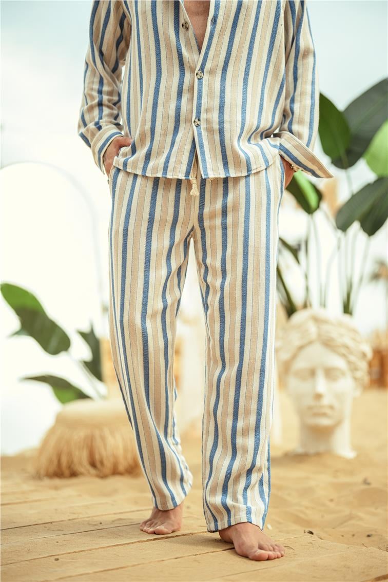 Şeritli Keten Baggy Pantolon Mavi