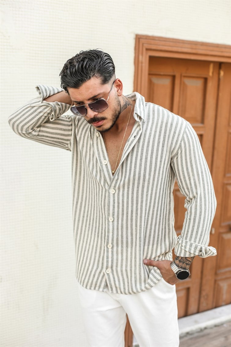 Şeritli Keten Oversize Gömlek