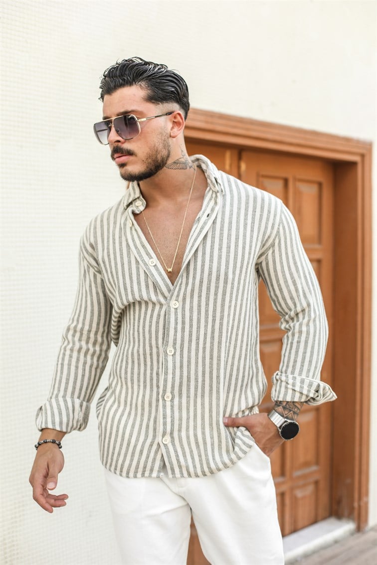 Şeritli Keten Oversize Gömlek