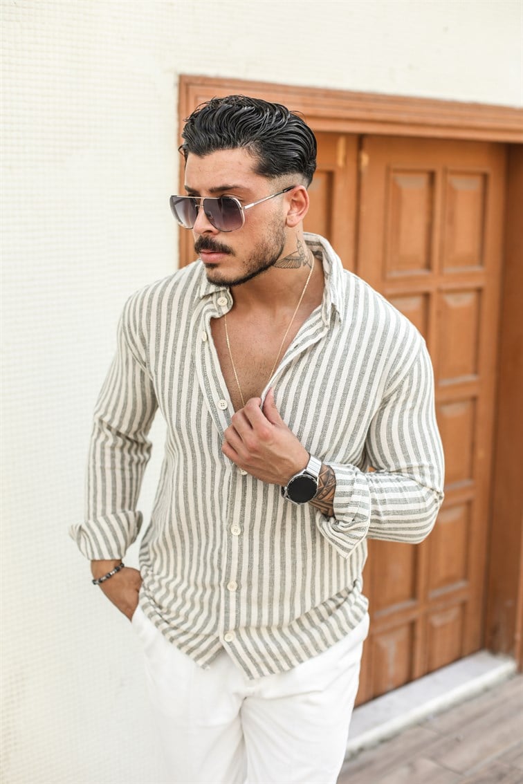 Şeritli Keten Oversize Gömlek