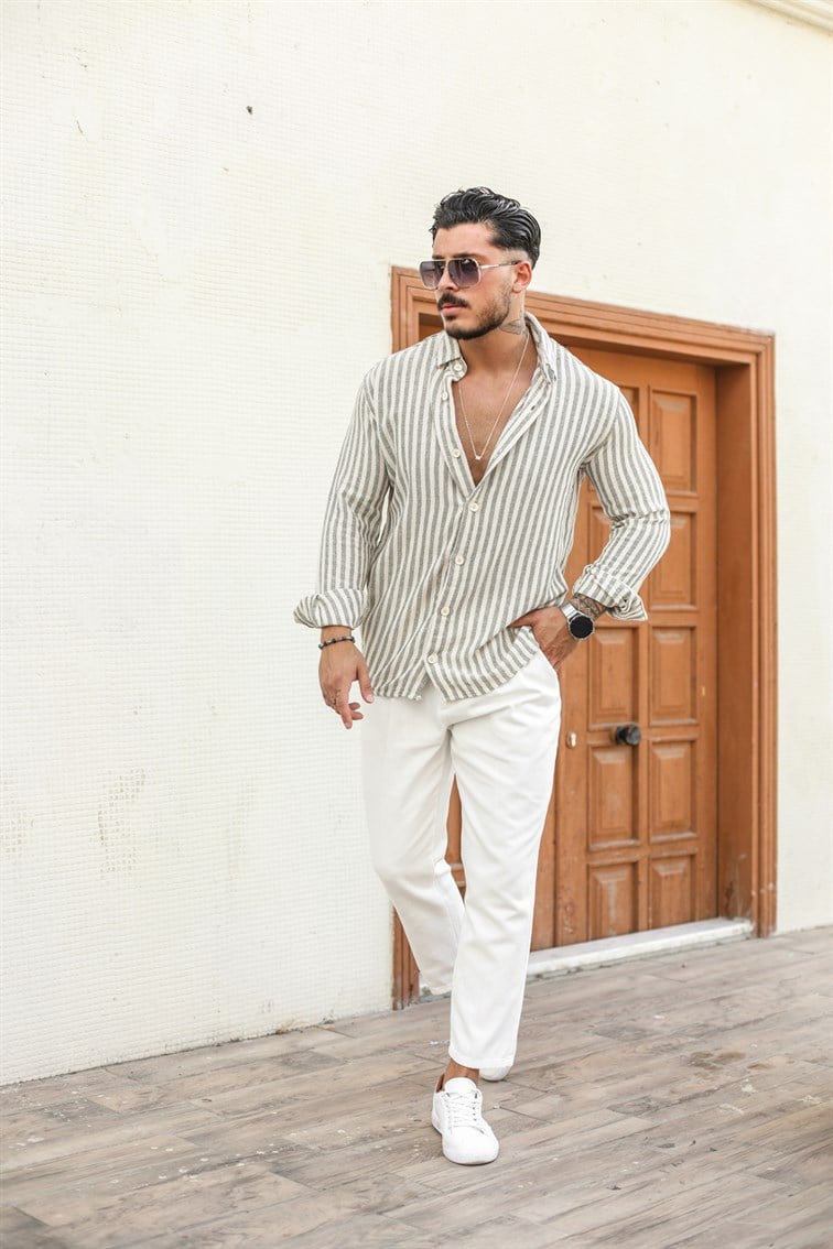 Şeritli Keten Oversize Gömlek