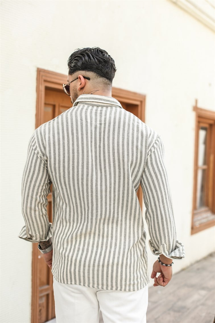 Şeritli Keten Oversize Gömlek