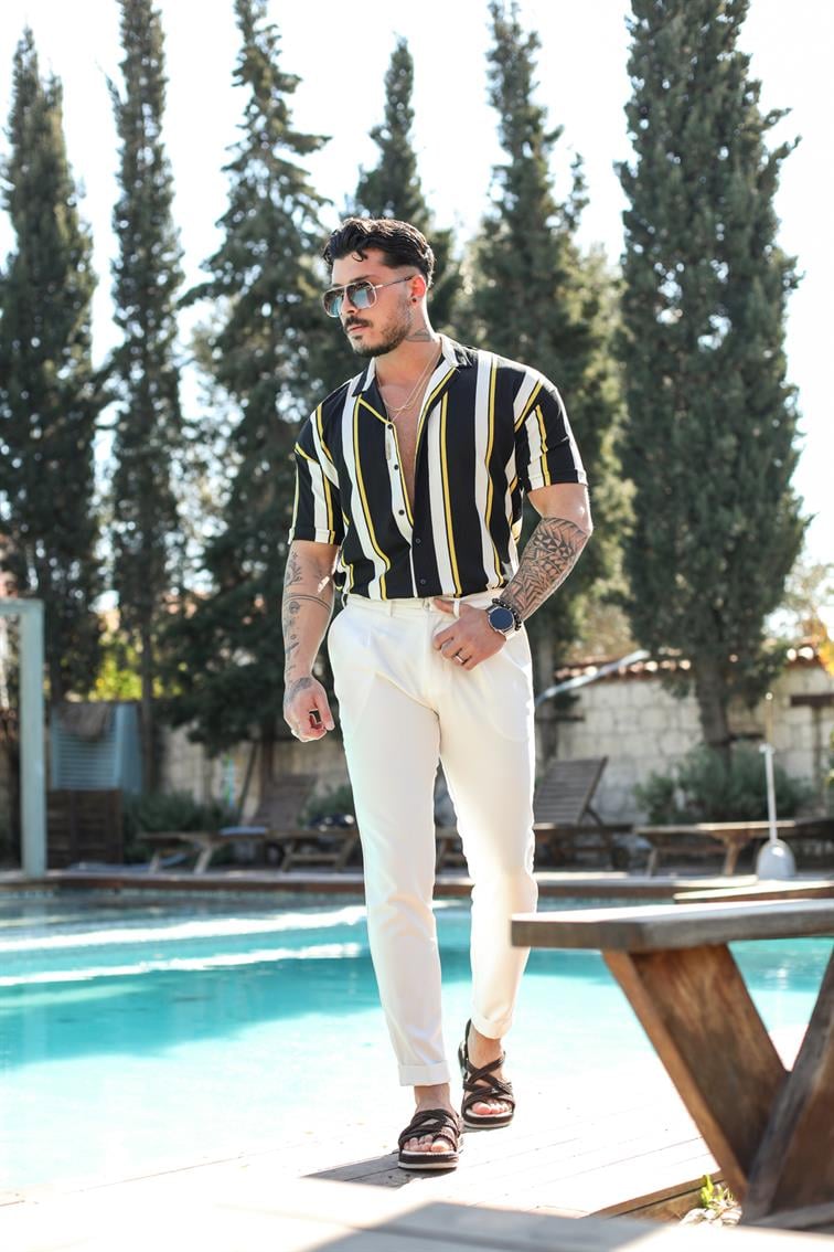 Şeritli Kısa Kol Oversize Gömlek Sarı