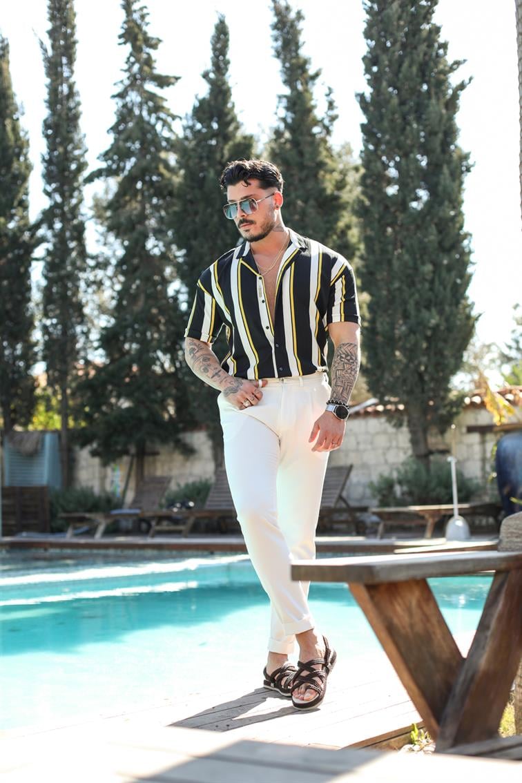 Şeritli Kısa Kol Oversize Gömlek Sarı