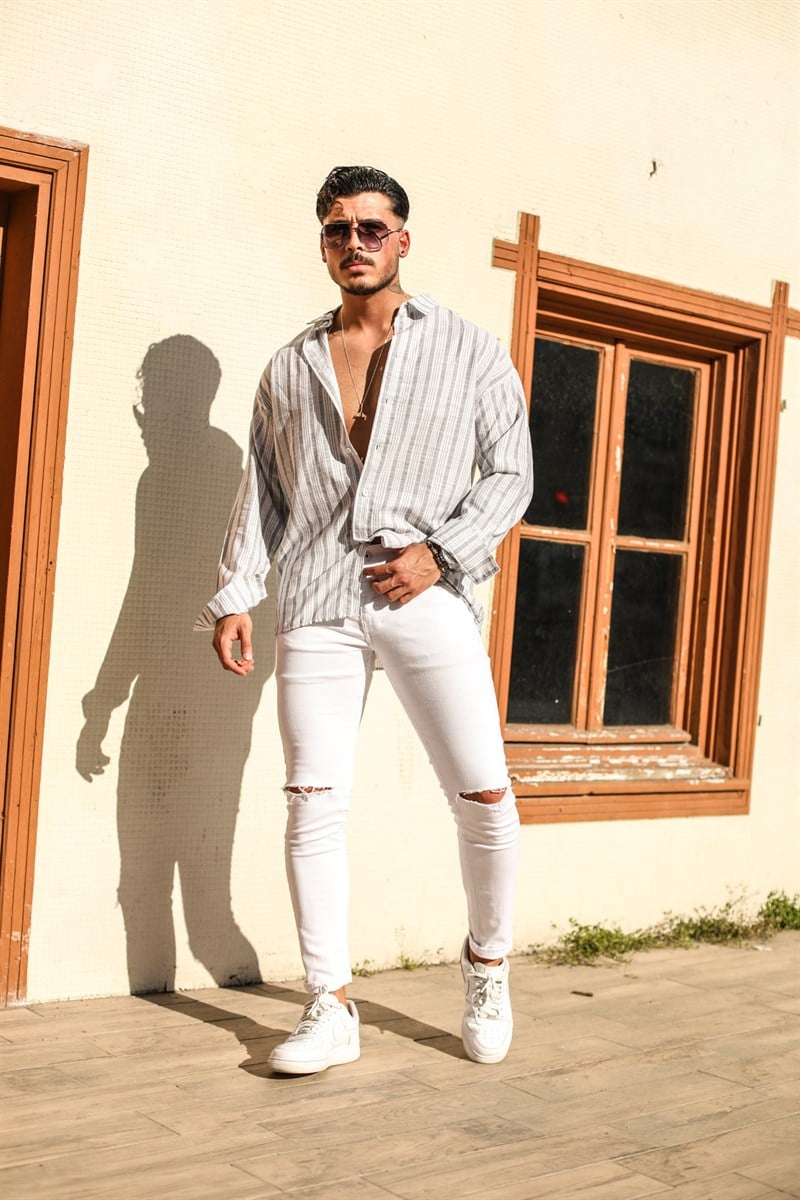 Şeritli Pamuklu Oversize Gömlek