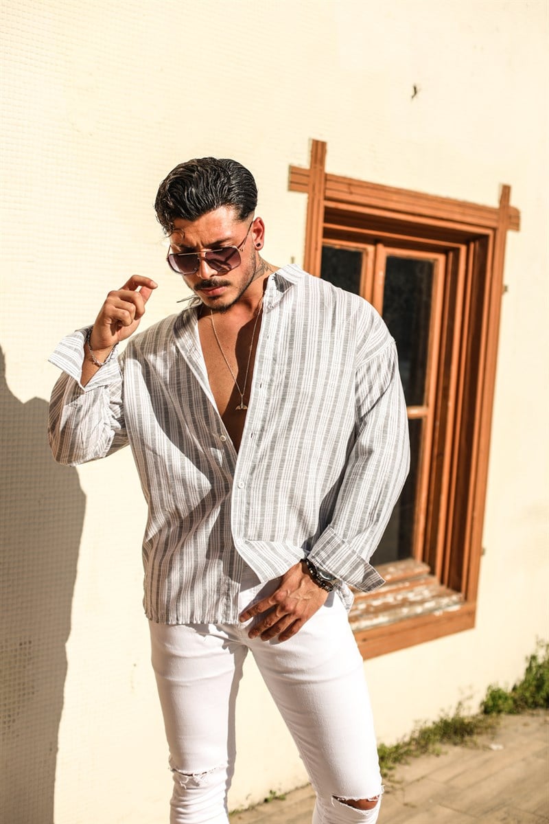 Şeritli Pamuklu Oversize Gömlek