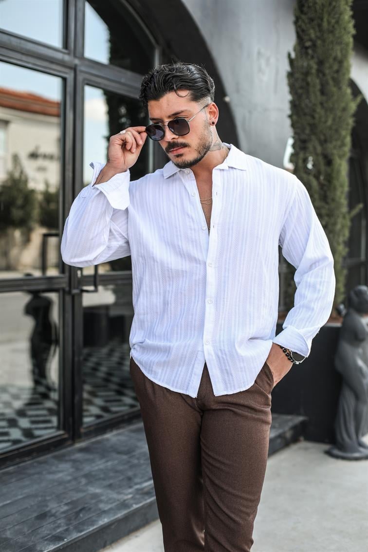 Şeritli Petek Örme Detaylı Oversize Gömlek Beyaz