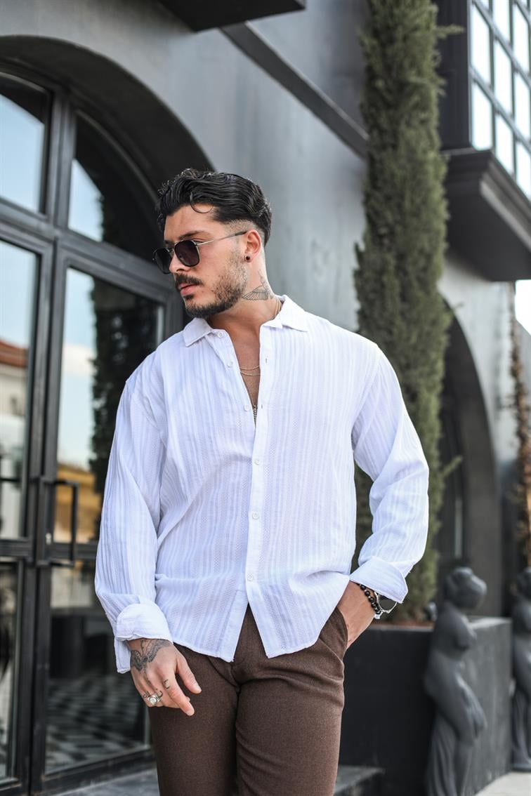 Şeritli Petek Örme Detaylı Oversize Gömlek Beyaz