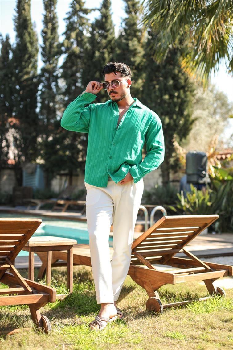 Şeritli Petek Örme Detaylı Oversize Gömlek Yeşil