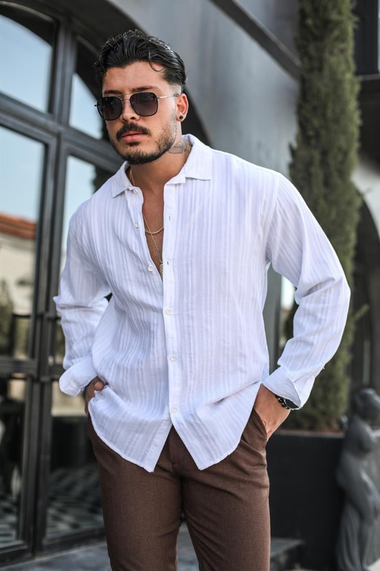 Şeritli Petek Örme Detaylı Oversize Gömlek Beyaz