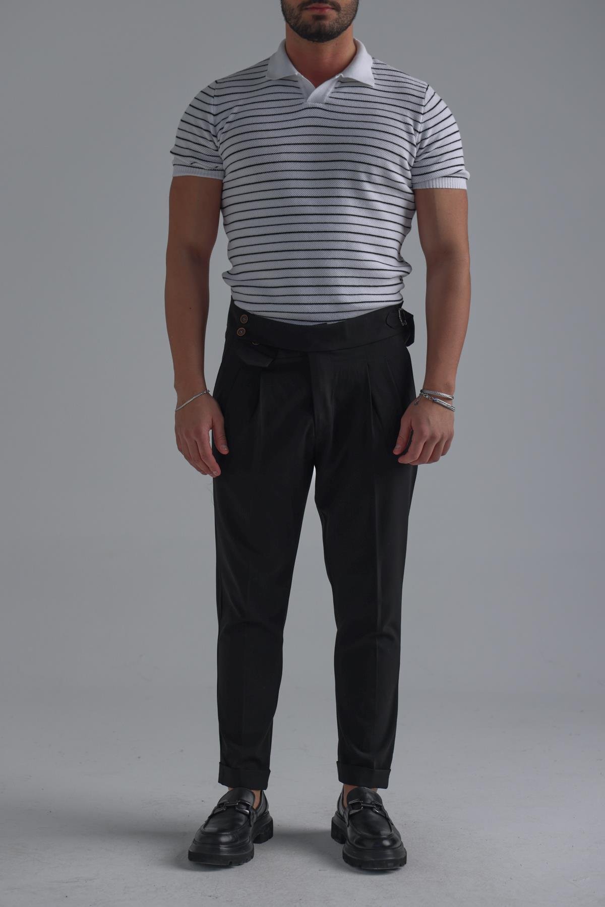 Şeritli Polo Yaka T-Shirt Beyaz