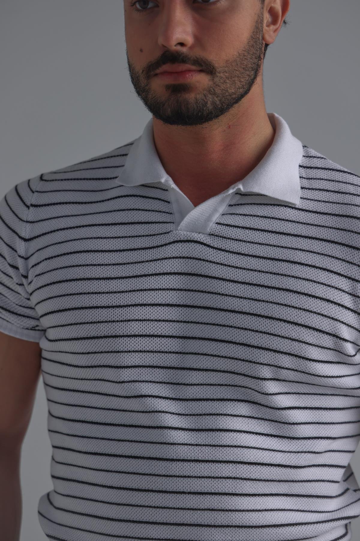 Şeritli Polo Yaka T-Shirt Beyaz