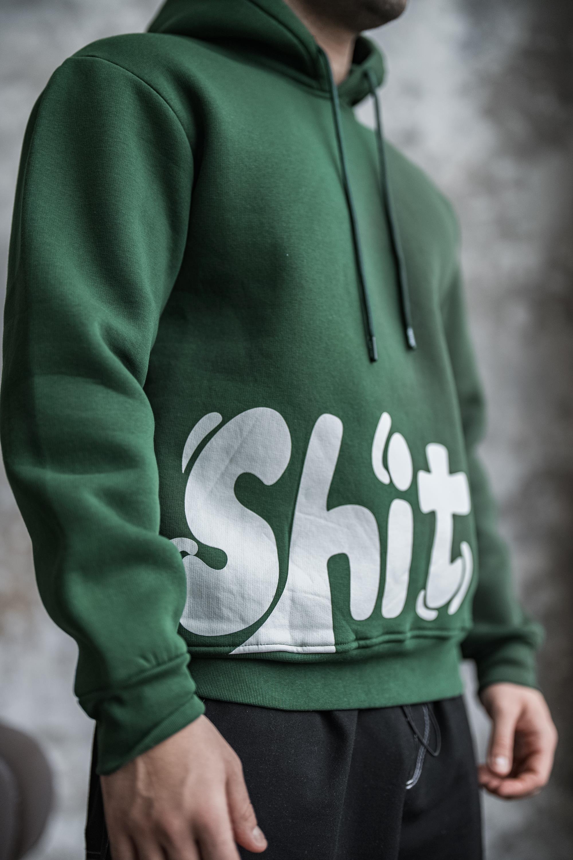 SHİT Baskılı Oversize Hoodie Koyu Yeşil