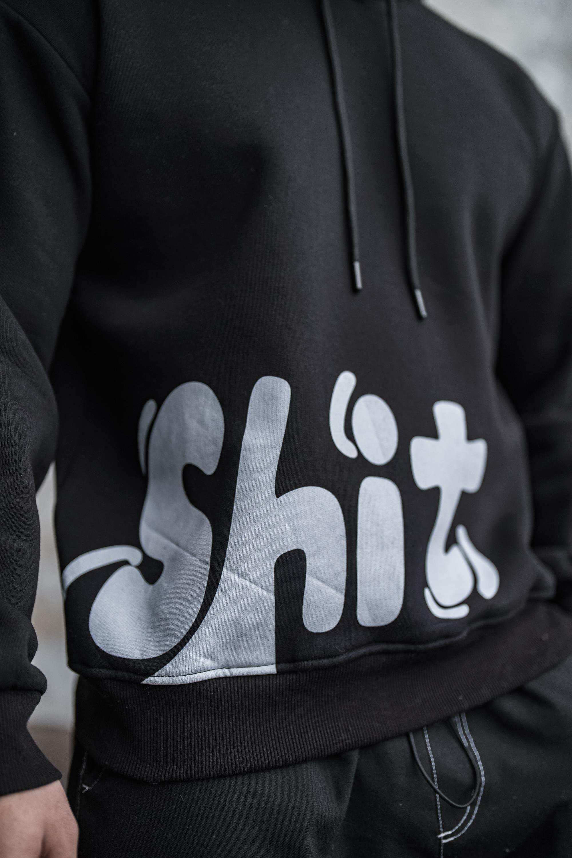 SHİT Baskılı Oversize Hoodie Siyah
