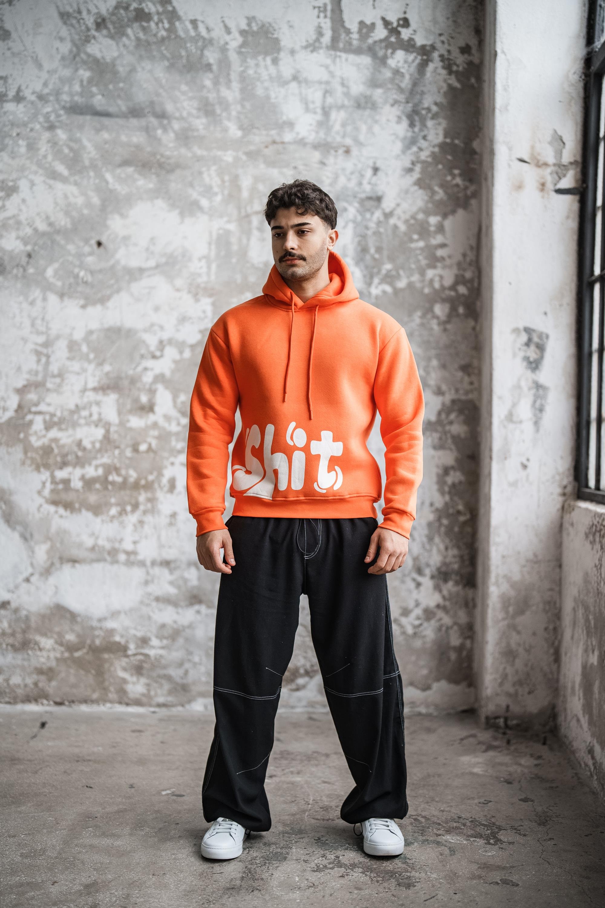 SHİT Baskılı Oversize Hoodie Turuncu