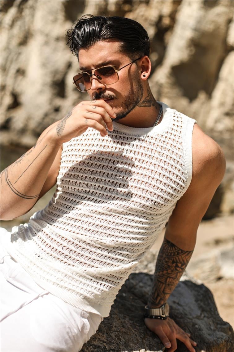 Sıfır Kol Örme T-Shirt Beyaz