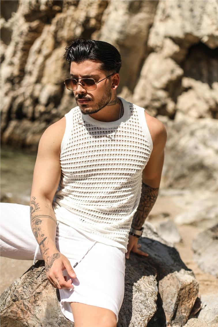 Sıfır Kol Örme T-Shirt Beyaz
