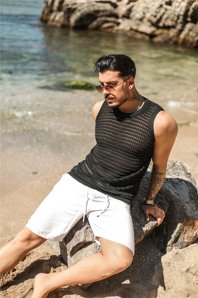 Sıfır Kol Örme T-Shirt Siyah