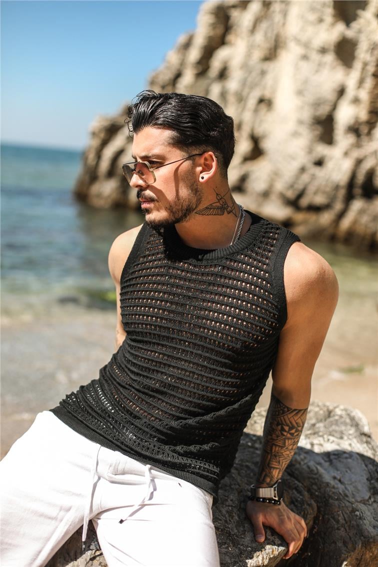 Sıfır Kol Örme T-Shirt Siyah