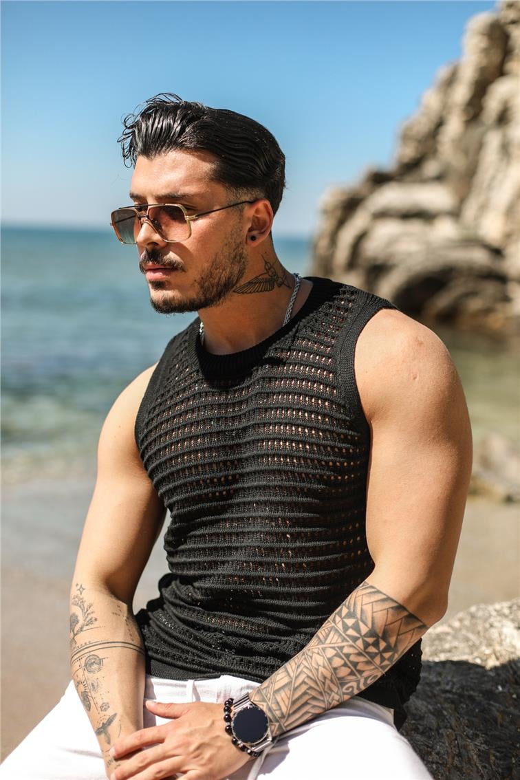 Sıfır Kol Örme T-Shirt Siyah