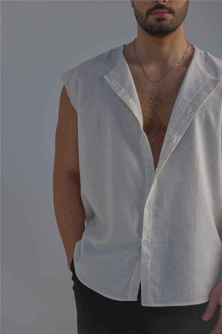 Sıfır Kol Oversize Gömlek Kırık Beyaz