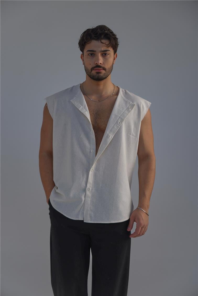 Sıfır Kol Oversize Gömlek Kırık Beyaz
