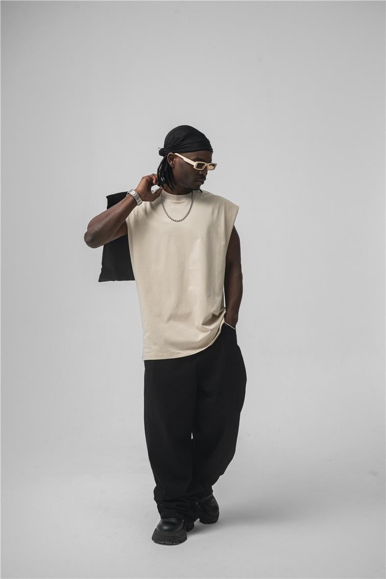 Sıfır Kol Oversize T-Shirt Bej