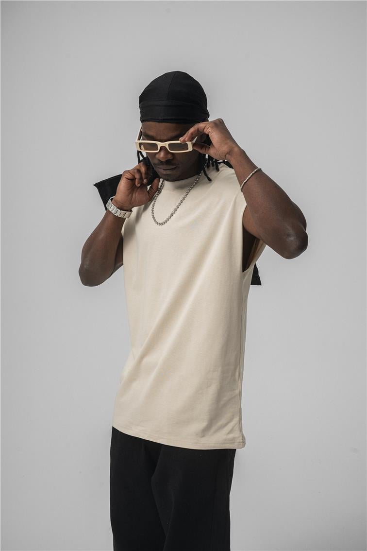 Sıfır Kol Oversize T-Shirt Bej