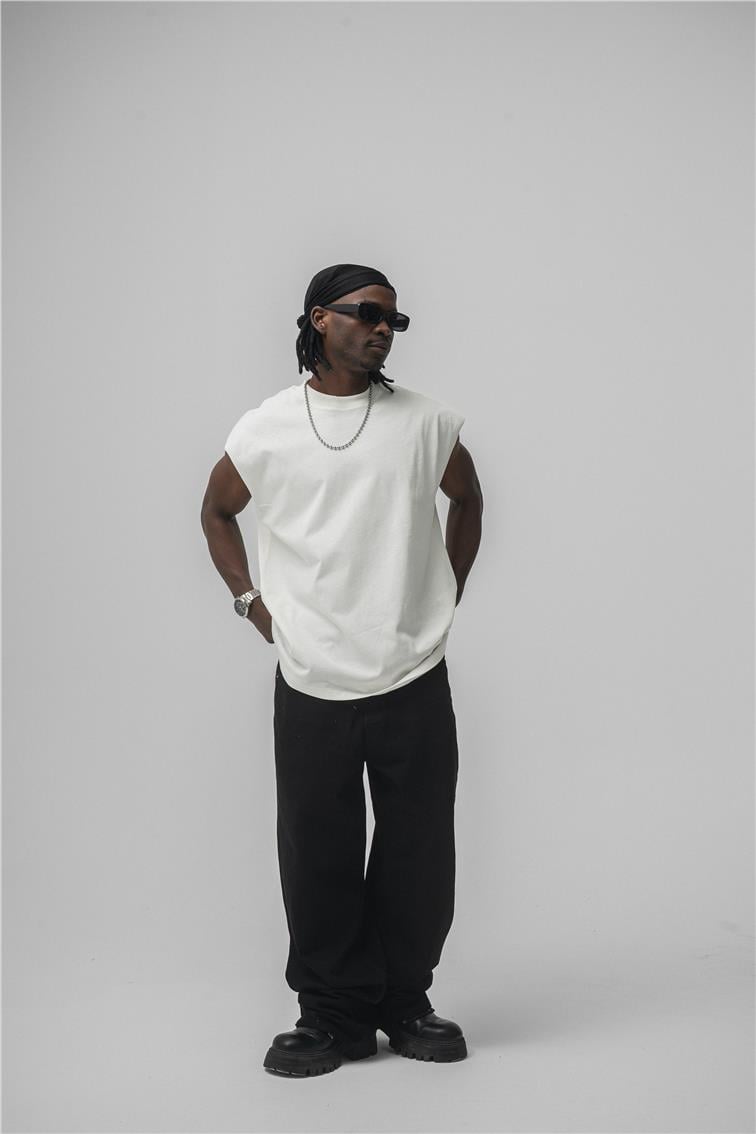 Sıfır Kol Oversize T-Shirt Beyaz