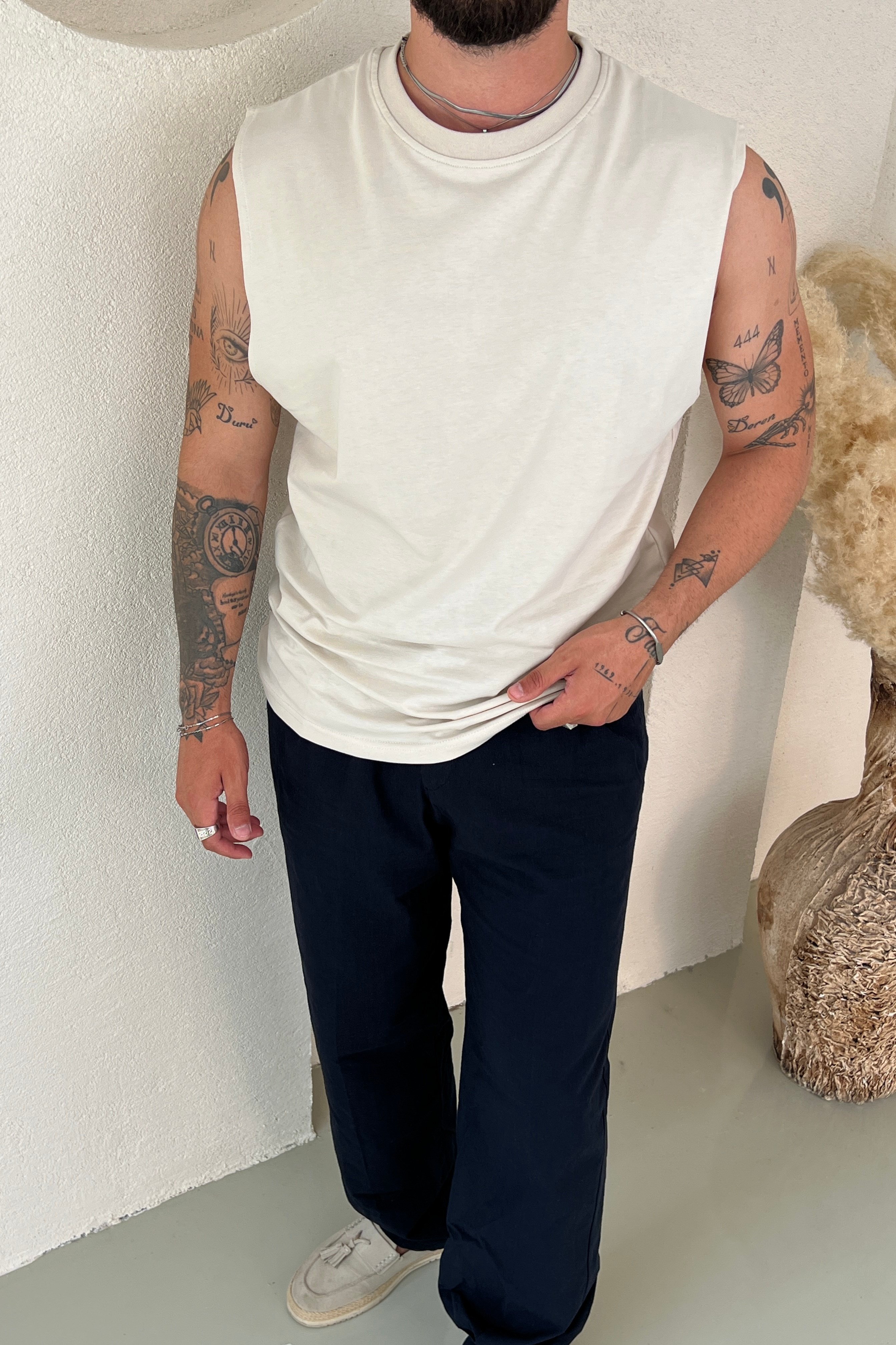 Sıfır Kol Oversize Tshirt Krem