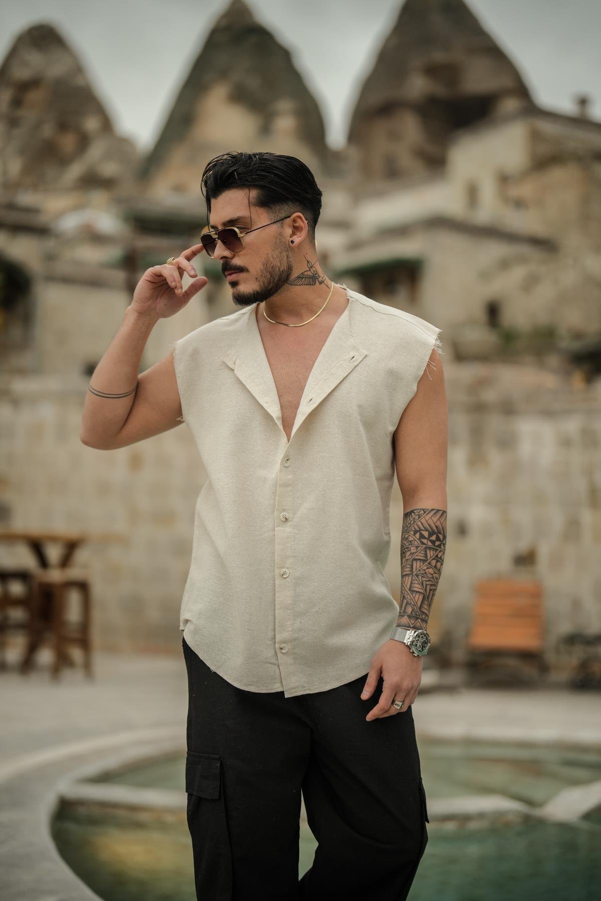 Sıfır Kol Yırtık Detaylı Oversize Gömlek Ekru